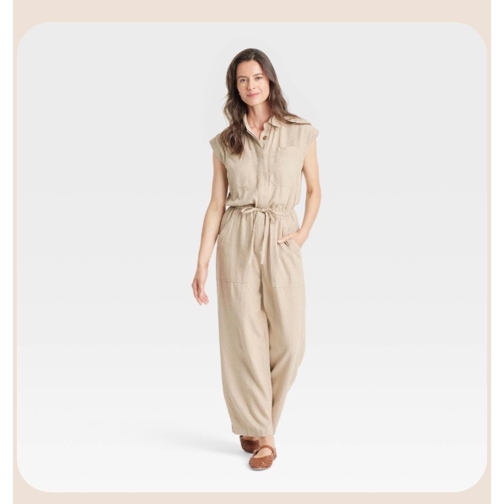 Womens Small Tan Beige Linen Blend Utility Sleeveless Jumpsuit